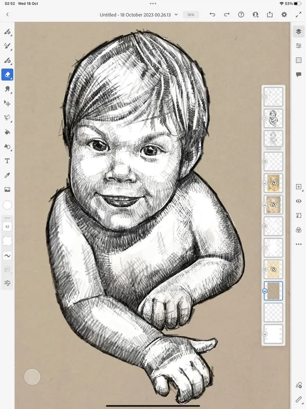 Cross-hatched digital drawing of Lizzy as a smiling baby on tan paper, shown in the drawing app