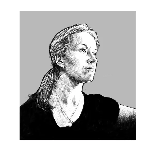 Cross-hatched portrait of Miriam with her hair tied back, looking to the right, against a grey ground