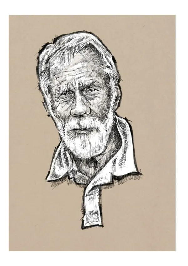 Cross-hatched portrait drawing of Alex's father, Nick Bremer, white-bearded, on tan paper