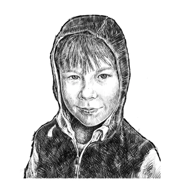Cross-hatched portrait drawing of Teddy as a young boy, smiling in a hooded top