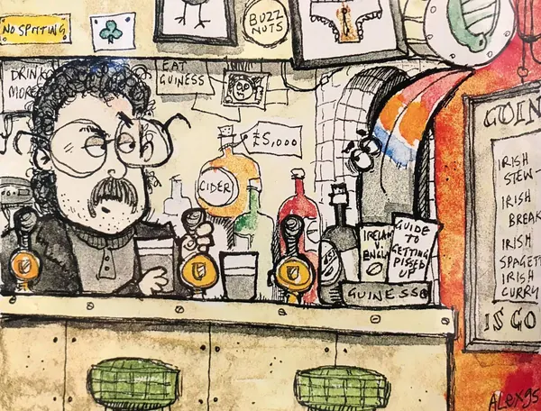 Ink and watercolour cartoon of a curly-haired, moustached barman pulling pints of Guinness at the Toucan pub in Soho