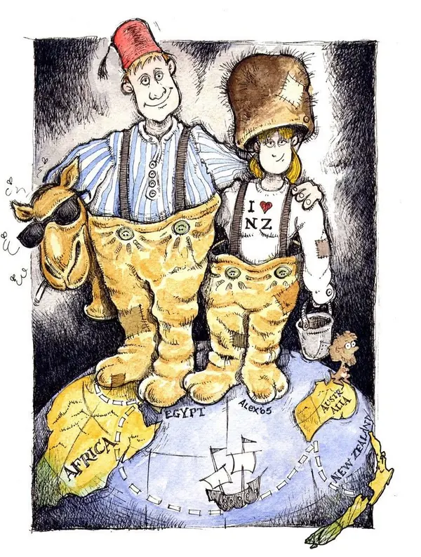 Ink and watercolour cartoon of two travellers in baggy trousers standing on a globe marked Egypt, Africa, Australia and New Zealand, with a camel in sunglasses