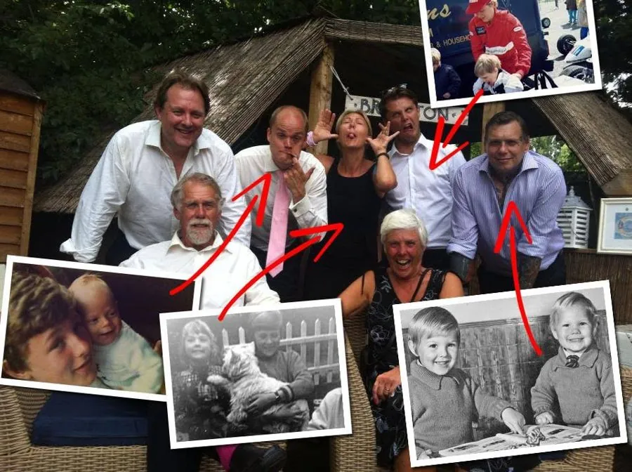 Collage: Nick, Jill and the five Bremer siblings gathered in a garden summerhouse, with old childhood photos of the siblings laid over the corners and red arrows linking each to their grown-up self